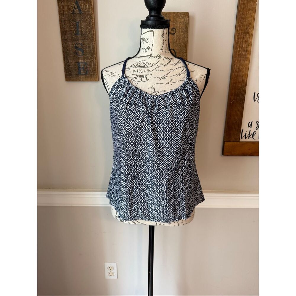 Kona Sol Women's Geo Tile Print Racerback Tankini Swim Top Navy White Medium